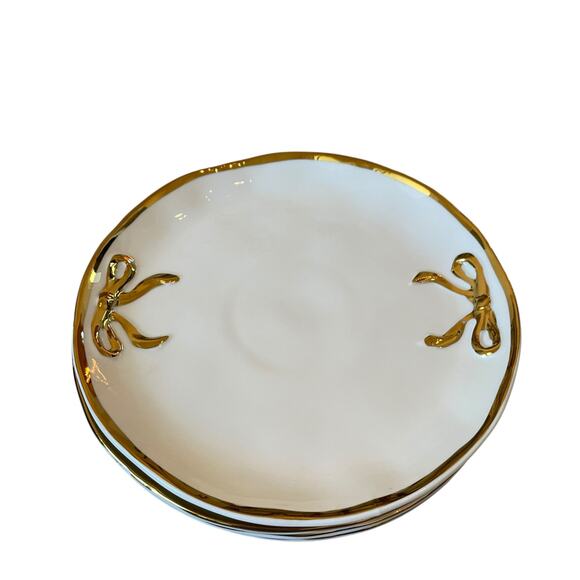 Hand Painted Coquette Gold Bow Salad Plates 9in White Ceramic Set of 4 Holiday - Picture 3 of 10